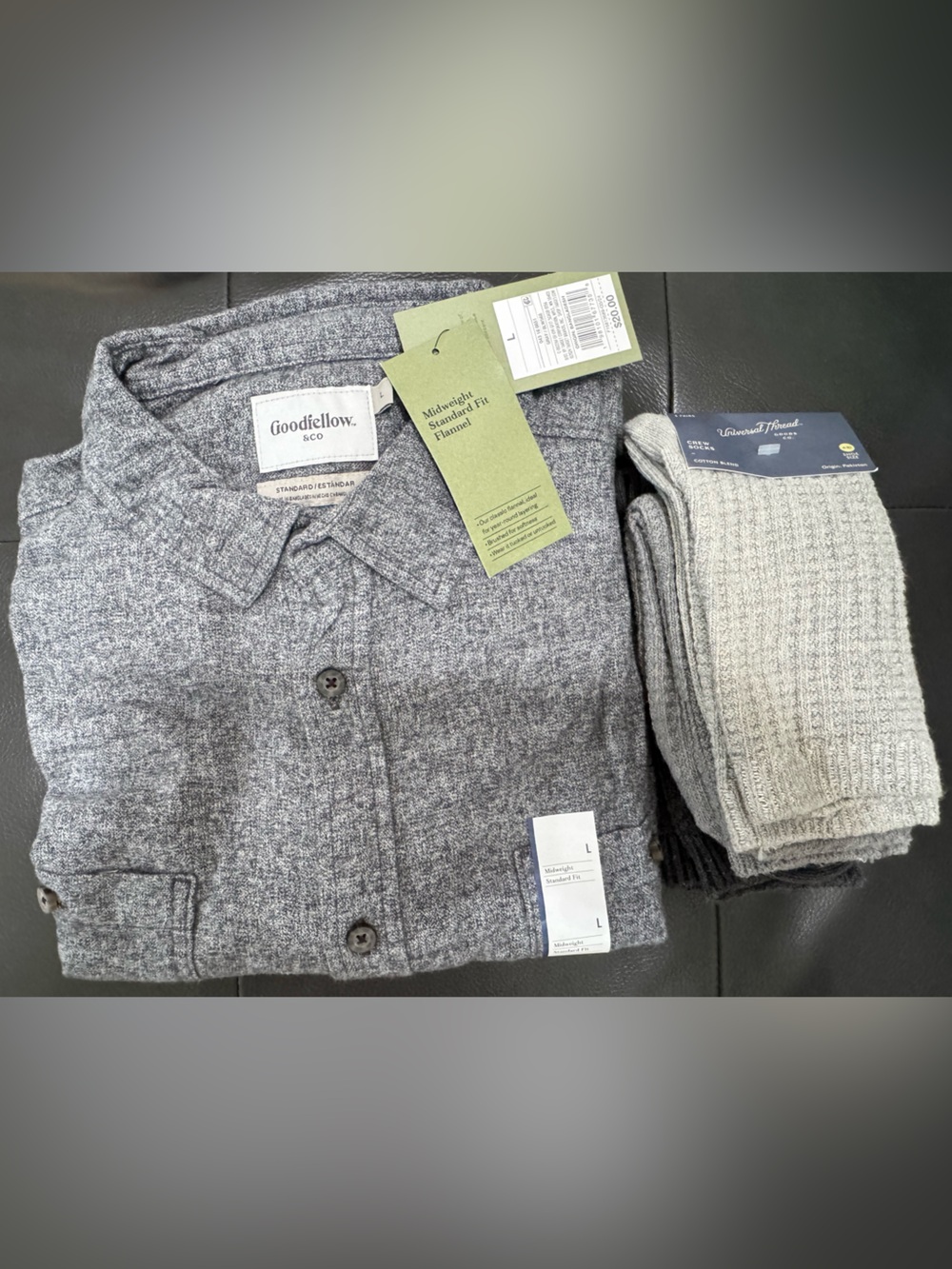 Goodfellow & Co Men’s Sz L Gray Flannel Button Down and 3 Pack Socks